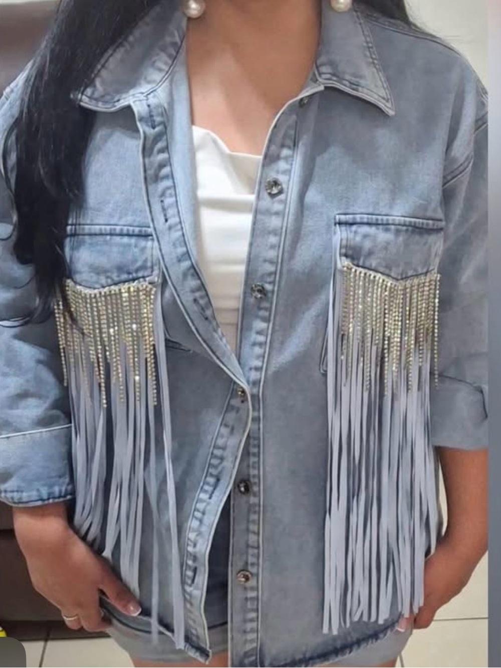 JK Designs Light Blue Denim Jacket with Rhinestone Fringe